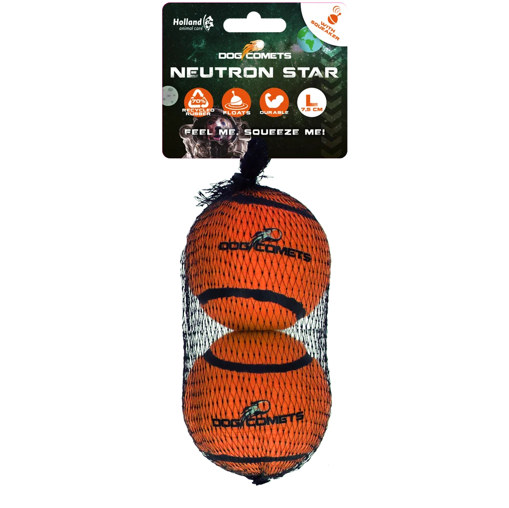 COME082CL.png Tennisball mit Quietscher und Gummirand, Orange L, 7,5 cm, 2 Stück – Dog Comets Neutron Star – Bild 1