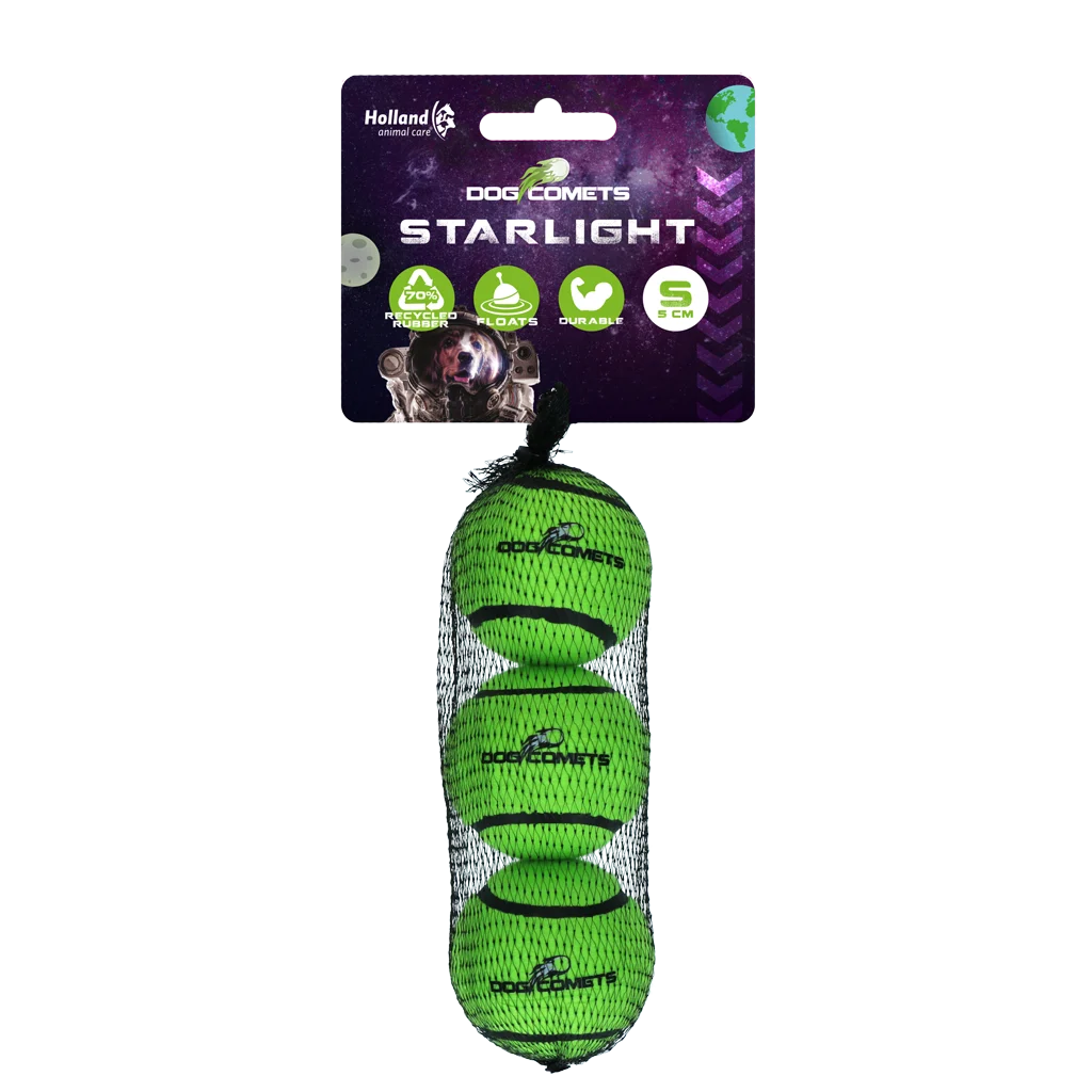 COME084AS.png Tennisball für Hunde, schwimmfähig, grün S, Ø 5 cm, 3 Stück – Dog Comets Starlight – Bild 1