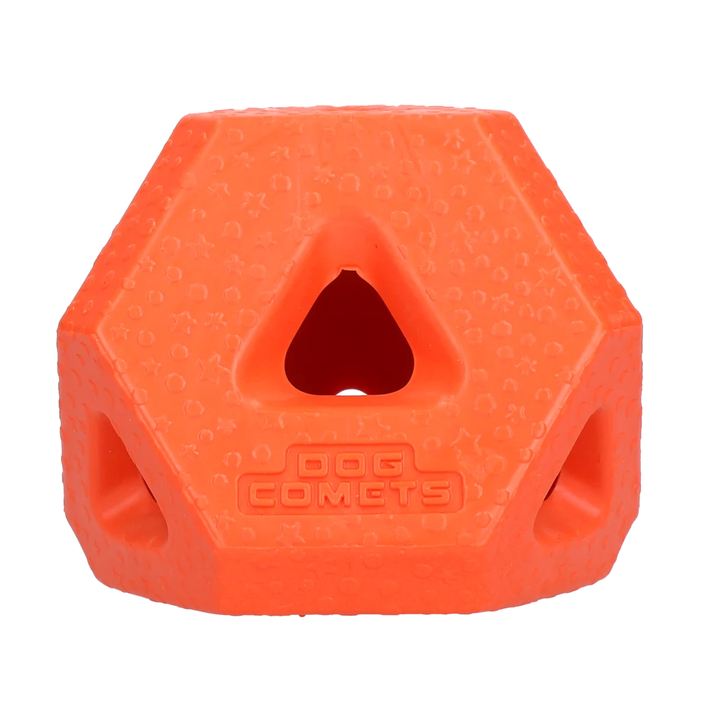COME086B2.png Leckerliwürfel aus TPR für Snacks und Kauknochen, Orange – Dog Comets Treat Lock Cube – Bild 1
