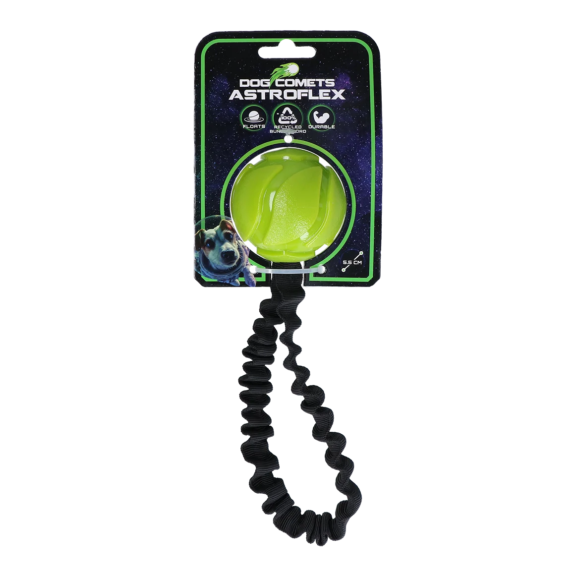 Hundeball mit elastischem Band, Ø 65 x 220 mm, Grün – Dog Comets AstroFlex – Bild 1