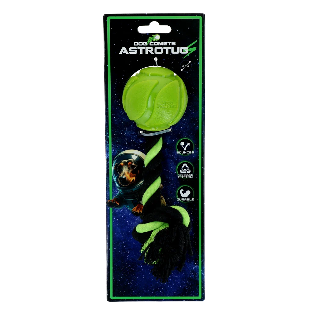 COME094H.png Hundeball mit Tau, 6 cm, Grün – Dog Comets AstroTug – Bild 1