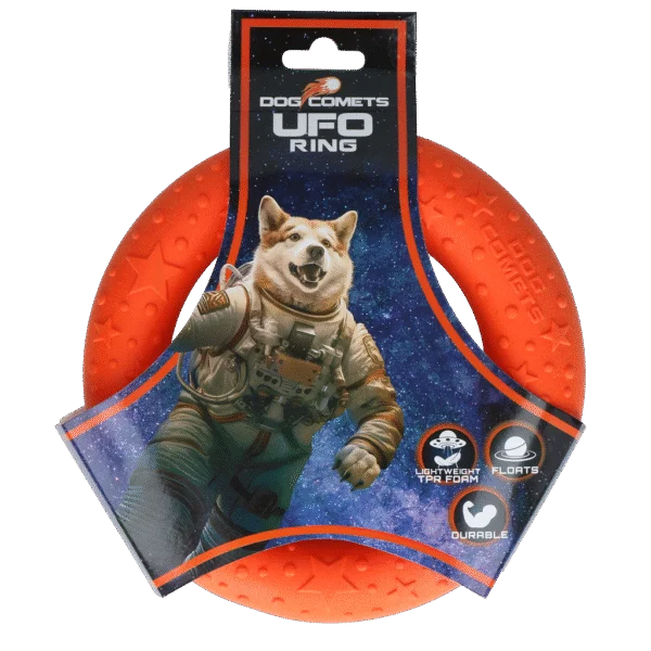Wurfring für Hunde aus Schaumgummi, schwimmfähig, orange, M, Ø 19 cm – Dog Comets UFO Ring
