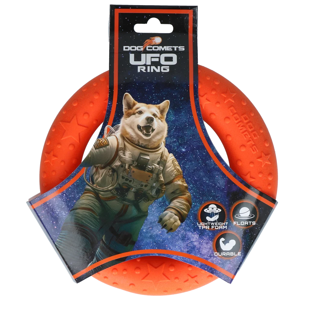COME097Q.png Wurfring für Hunde aus Schaumgummi, schwimmfähig, orange, M, Ø 19 cm – Dog Comets UFO Ring – Bild 1