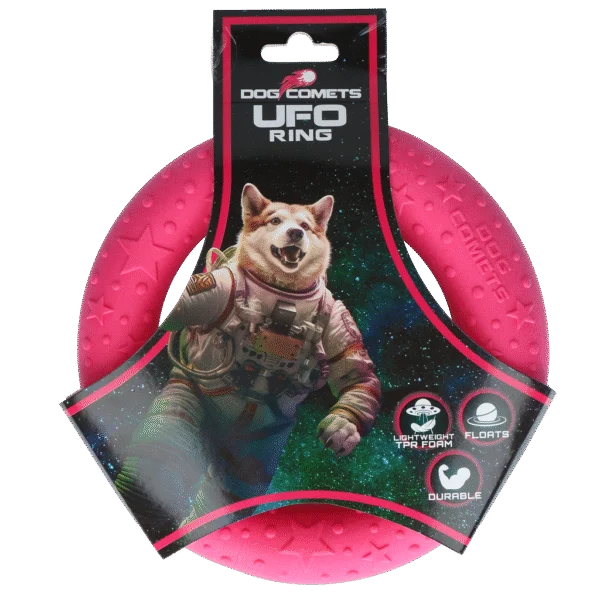 Wurfring für Hunde aus Schaumstoff, schwimmfähig, rosa, M, Ø 19 cm – Dog Comets UFO Ring