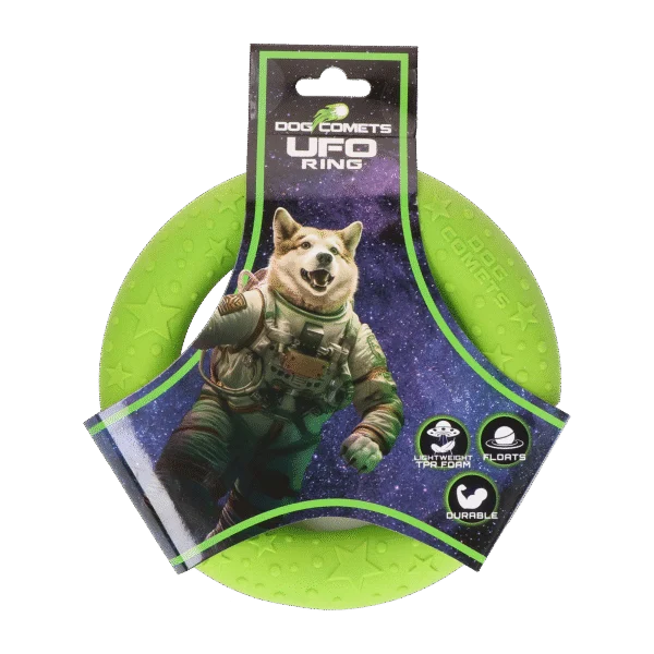 Wurfring für Hunde aus Schaumgummi, schwimmfähig, grün, S, Ø 13,5 cm – Dog Comets UFO Ring