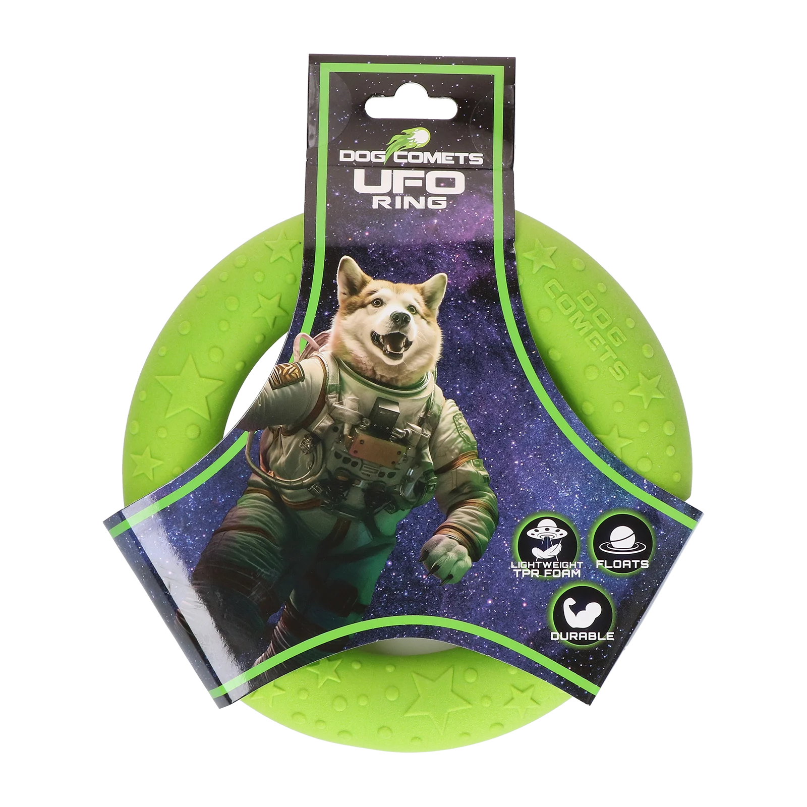 COME097V.png Wurfring für Hunde aus Schaumgummi, schwimmfähig, grün, S, Ø 13,5 cm – Dog Comets UFO Ring – Bild 1