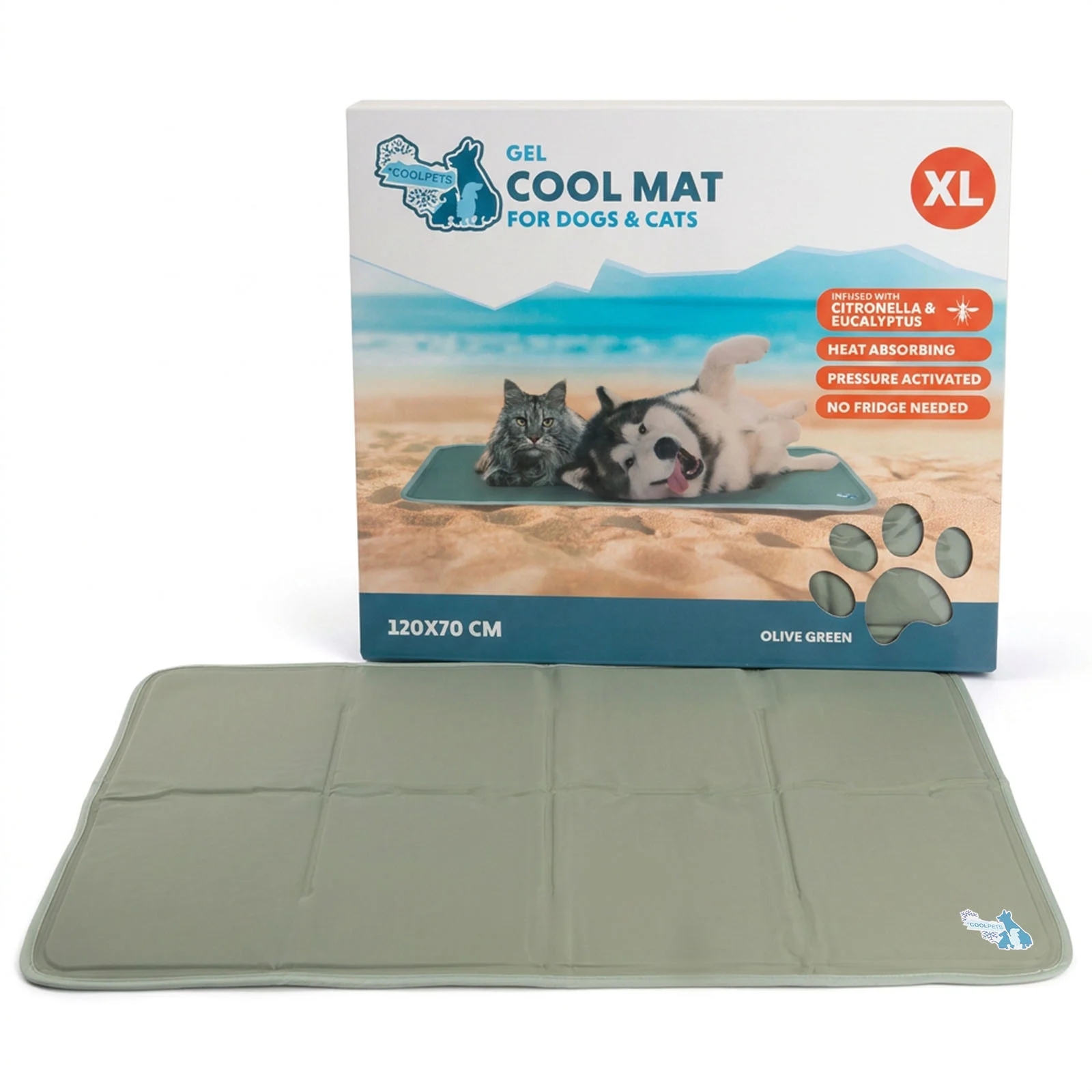 Kühlmatte für Hunde mit festem Gel, Olivgrün, XL 120 x 70 cm – Coolpets Gel Cooling Mat – Bild 1