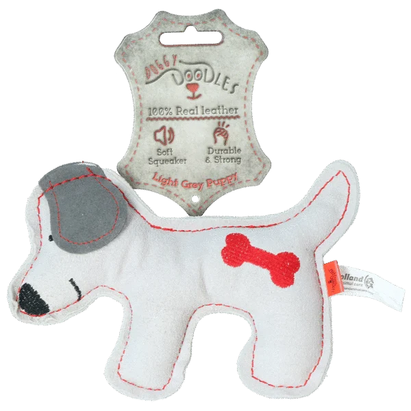 Hundekuscheltier aus Rinderleder mit leisem Quietscher, Hellgrau – Doggy Doodles Puppy
