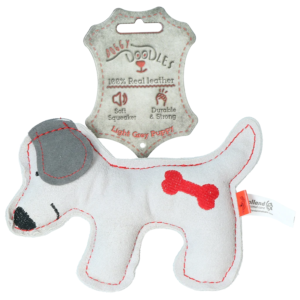 Hundekuscheltier aus Rinderleder mit leisem Quietscher, Hellgrau – Doggy Doodles Puppy – Bild 1
