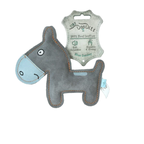 Hundekuscheltier aus Rinderleder mit leisem Quietscher, Blau – Tiny Doodles Esel
