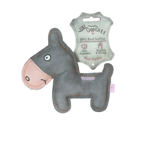 Hundespielzeug aus Rindsleder mit geräuscharmem Quietscher, Rosa – Tiny Doodles Esel