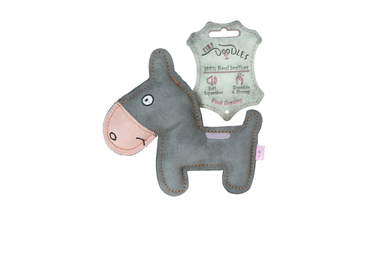 Hundespielzeug aus Rindsleder mit geräuscharmem Quietscher, Rosa – Tiny Doodles Esel – Bild 1