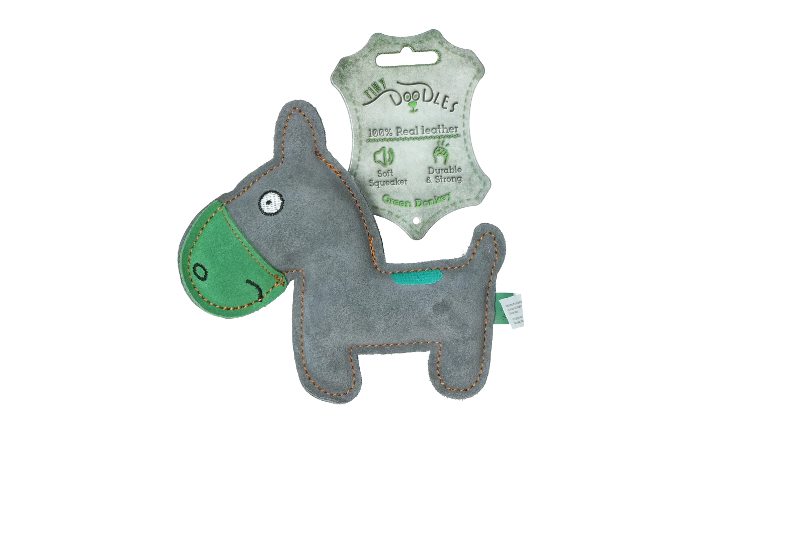 DODO012.png Hundekuscheltier aus Rindsleder mit geräuscharmem Quietscher, Grün – Tiny Doodles Esel – Bild 1