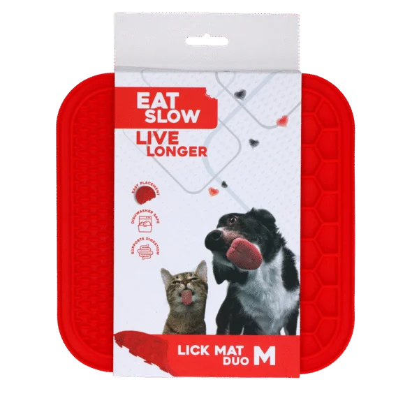 Hundeleckmatte mit 2 Strukturen und Saugnäpfen, 21 x 21 cm, Rot – Eat Slow Live Longer Lick Mat Duo M