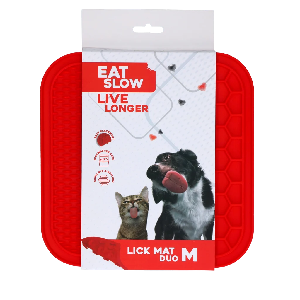 Hundeleckmatte mit 2 Strukturen und Saugnäpfen, 21 x 21 cm, Rot – Eat Slow Live Longer Lick Mat Duo M – Bild 1
