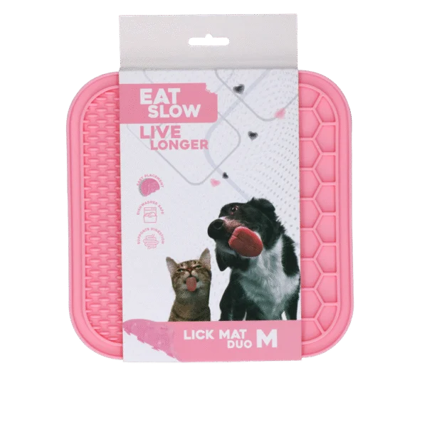 Schleckmatte für Hunde mit 2 Mustern und Saugnäpfen, 21 x 21 cm, Rosa – Eat Slow Live Longer Lick Mat Duo M