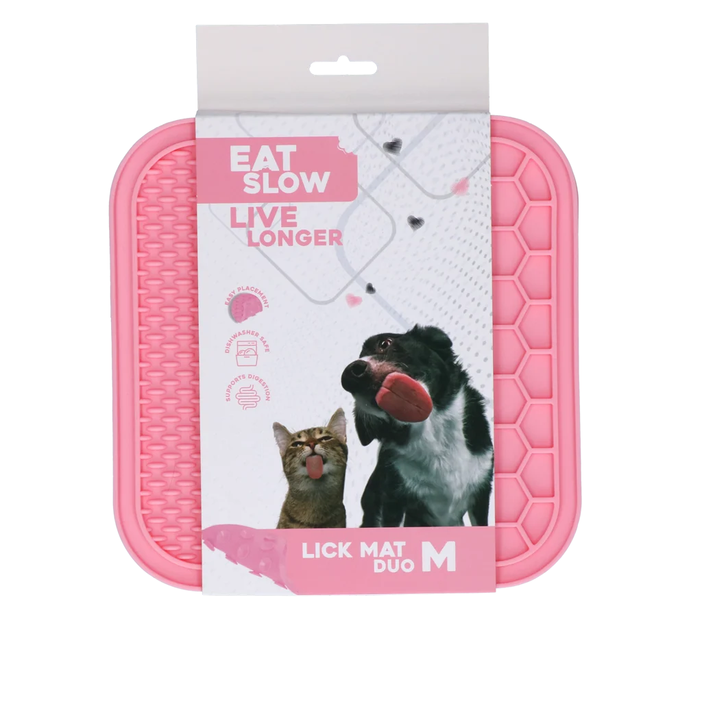 Schleckmatte für Hunde mit 2 Mustern und Saugnäpfen, 21 x 21 cm, Rosa – Eat Slow Live Longer Lick Mat Duo M – Bild 1