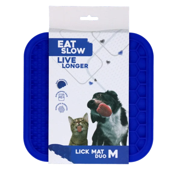 Schleckmatte für Hunde mit Noppen und Wabenstruktur, 21 x 21 cm, Blau – Eat Slow Live Longer Lick Mat Duo M
