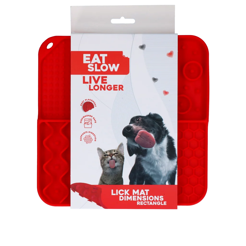 EATS063A.png Schleckmatte für Hunde mit 4 Mustern und Saugnäpfen, 21 x 21 cm, Rot – Eat Slow Live Longer Lick Mat Dimensions Rectangle – Bild 1