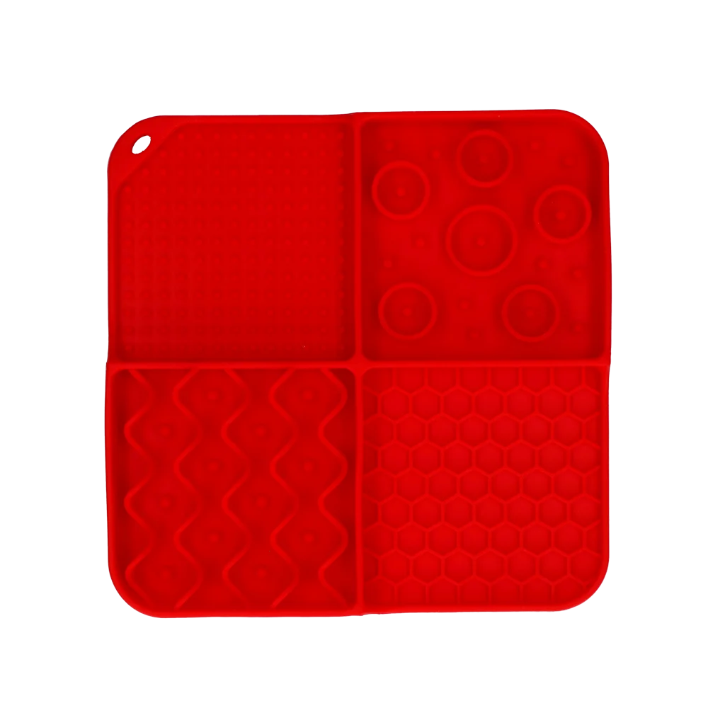 Schleckmatte für Hunde mit 4 Mustern und Saugnäpfen, 21 x 21 cm, Rot – Eat Slow Live Longer Lick Mat Dimensions Rectangle – Bild 2