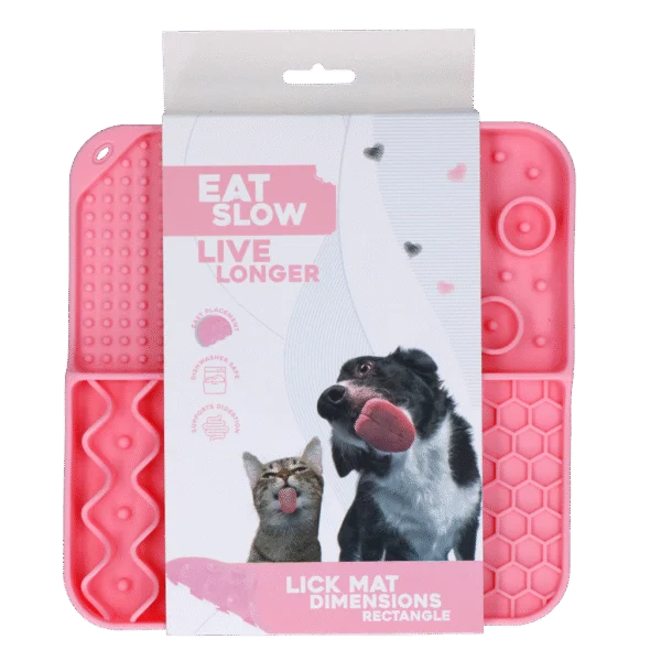 Schleckmatte für Hunde mit 4 Mustern und Saugnäpfen, 21 x 21 cm, Rosa – Eat Slow Live Longer Lick Mat Dimensions Rectangle