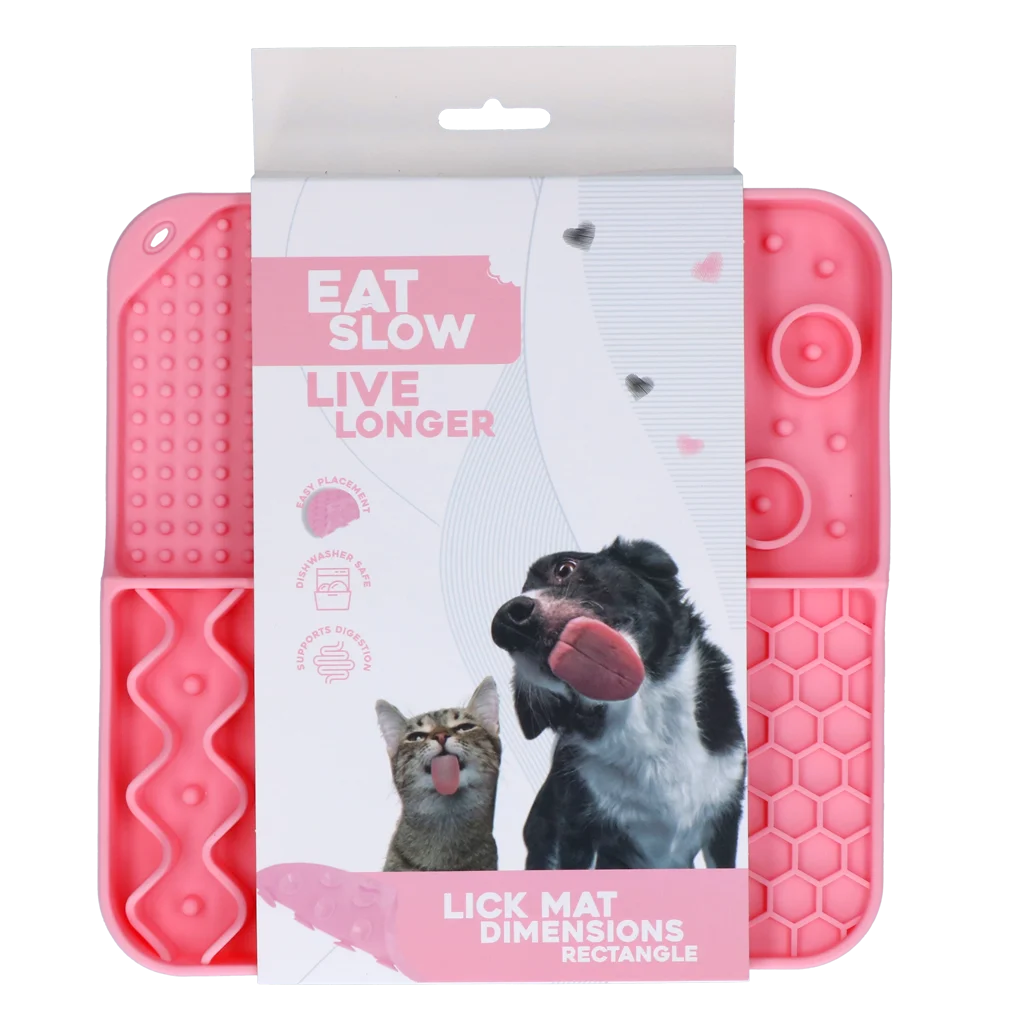 EATS063B.png Schleckmatte für Hunde mit 4 Mustern und Saugnäpfen, 21 x 21 cm, Rosa – Eat Slow Live Longer Lick Mat Dimensions Rectangle – Bild 1