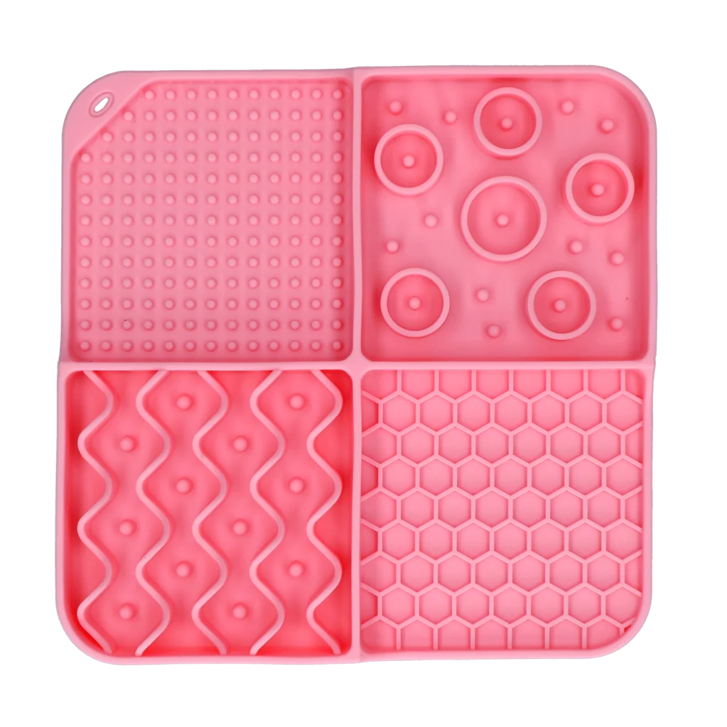 Schleckmatte für Hunde mit 4 Mustern und Saugnäpfen, 21 x 21 cm, Rosa – Eat Slow Live Longer Lick Mat Dimensions Rectangle – Bild 2