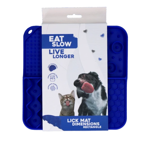Schleckmatte für Hunde mit 4 Mustern und Saugnäpfen, 21 x 21 cm, Blau – Eat Slow Live Longer Lick Mat Dimensions Rectangle