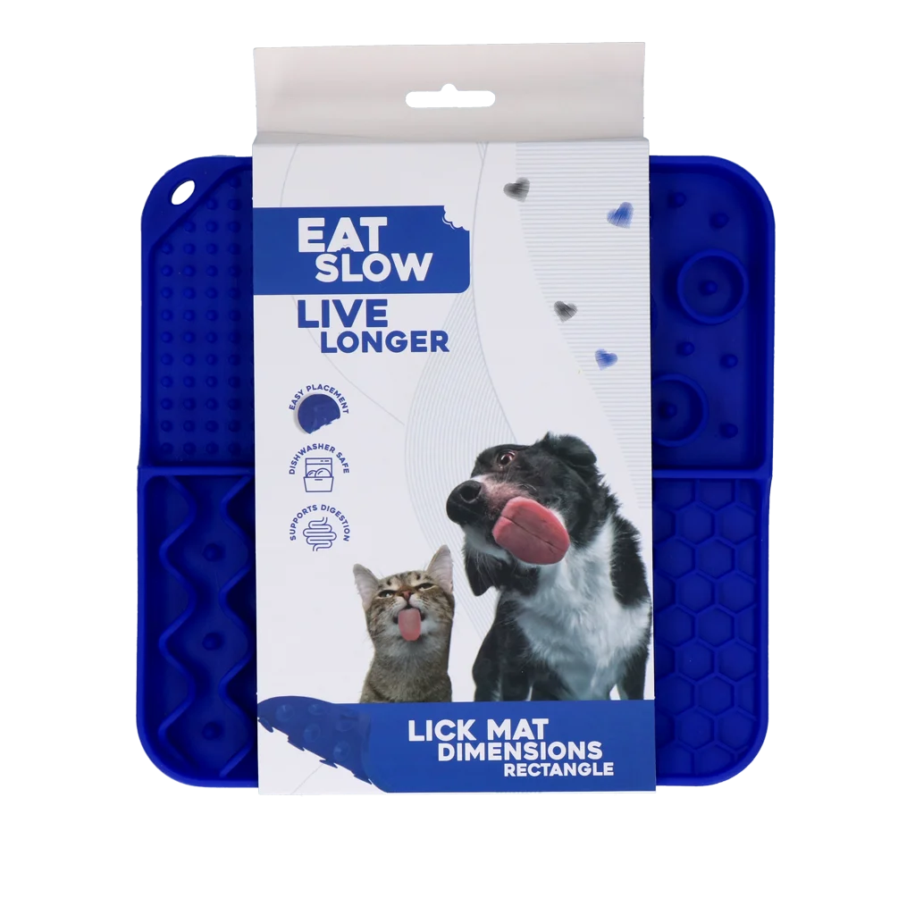 EATS063C.png Schleckmatte für Hunde mit 4 Mustern und Saugnäpfen, 21 x 21 cm, Blau – Eat Slow Live Longer Lick Mat Dimensions Rectangle – Bild 1