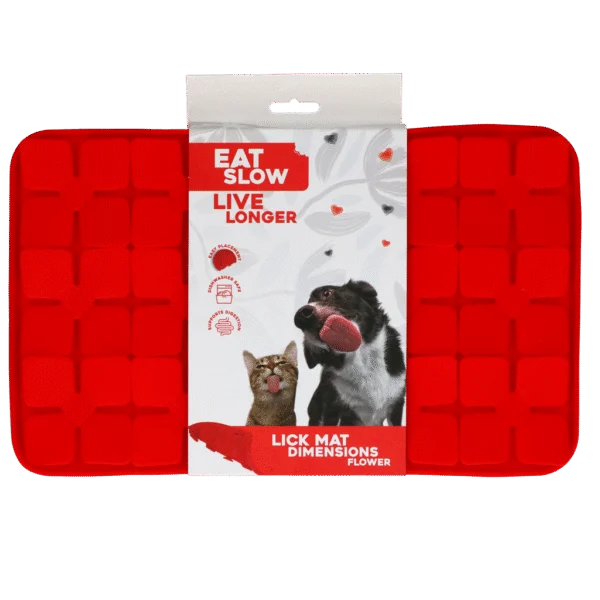Schleckmatte für Hunde mit blütenförmigen Laschen und Saugnäpfen, 21 x 34 cm, Rot – Eat Slow Live Longer Lick Mat Dimensions Flower