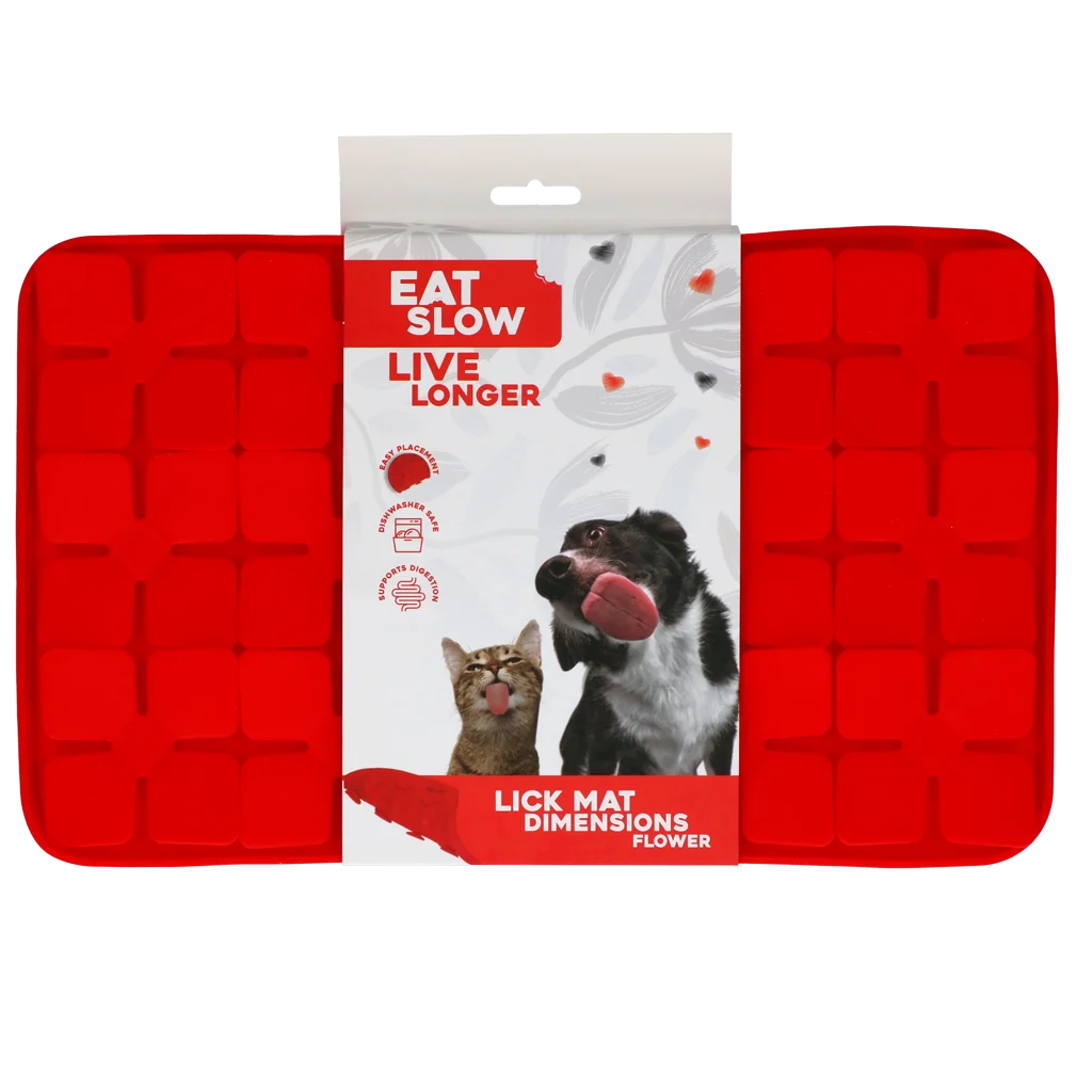 EATS063O.png Schleckmatte für Hunde mit blütenförmigen Laschen und Saugnäpfen, 21 x 34 cm, Rot – Eat Slow Live Longer Lick Mat Dimensions Flower – Bild 1
