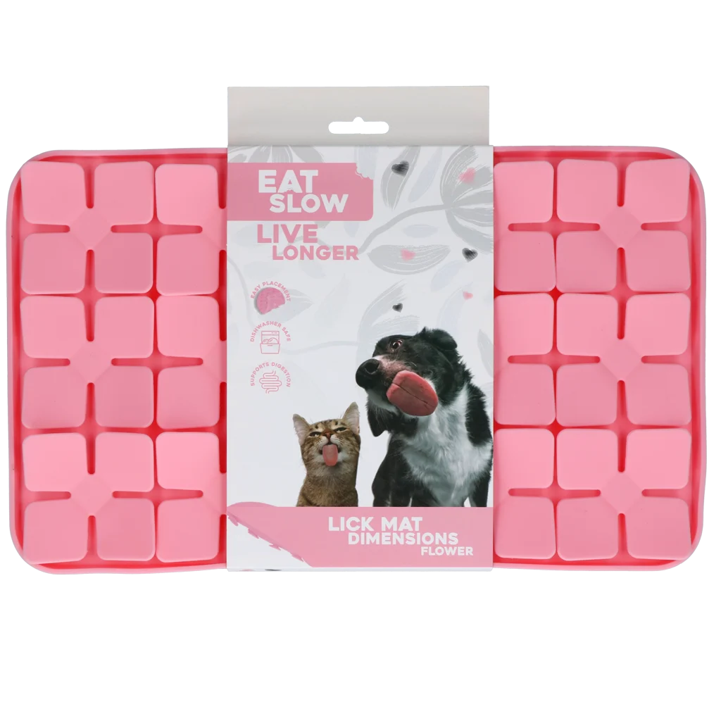 Leckmatte für Hunde mit blütenförmigen Blütenblättern und Saugnäpfen, 21 x 34 cm, Rosa – Eat Slow Live Longer Lick Mat Dimensions Flower – Bild 1