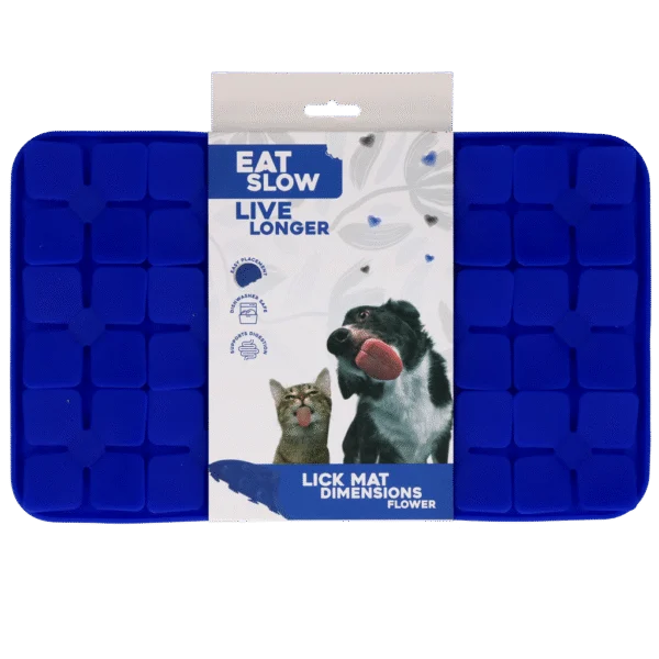 Schleckmatte für Hunde mit blumenförmigen Laschen und Saugnäpfen, 21 x 34 cm, Blau – Eat Slow Live Longer Lick Mat Dimensions Flower