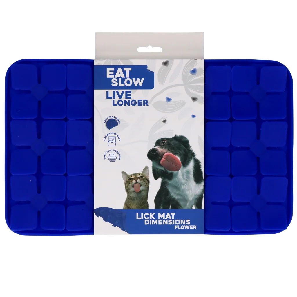 EATS063Q.png Schleckmatte für Hunde mit blumenförmigen Laschen und Saugnäpfen, 21 x 34 cm, Blau – Eat Slow Live Longer Lick Mat Dimensions Flower – Bild 1