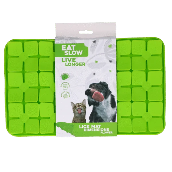 Schleckmatte für Hunde mit blumenförmigen Laschen und Saugnäpfen, 21 x 34 cm, Grün – Eat Slow Live Longer Lick Mat Dimensions Flower