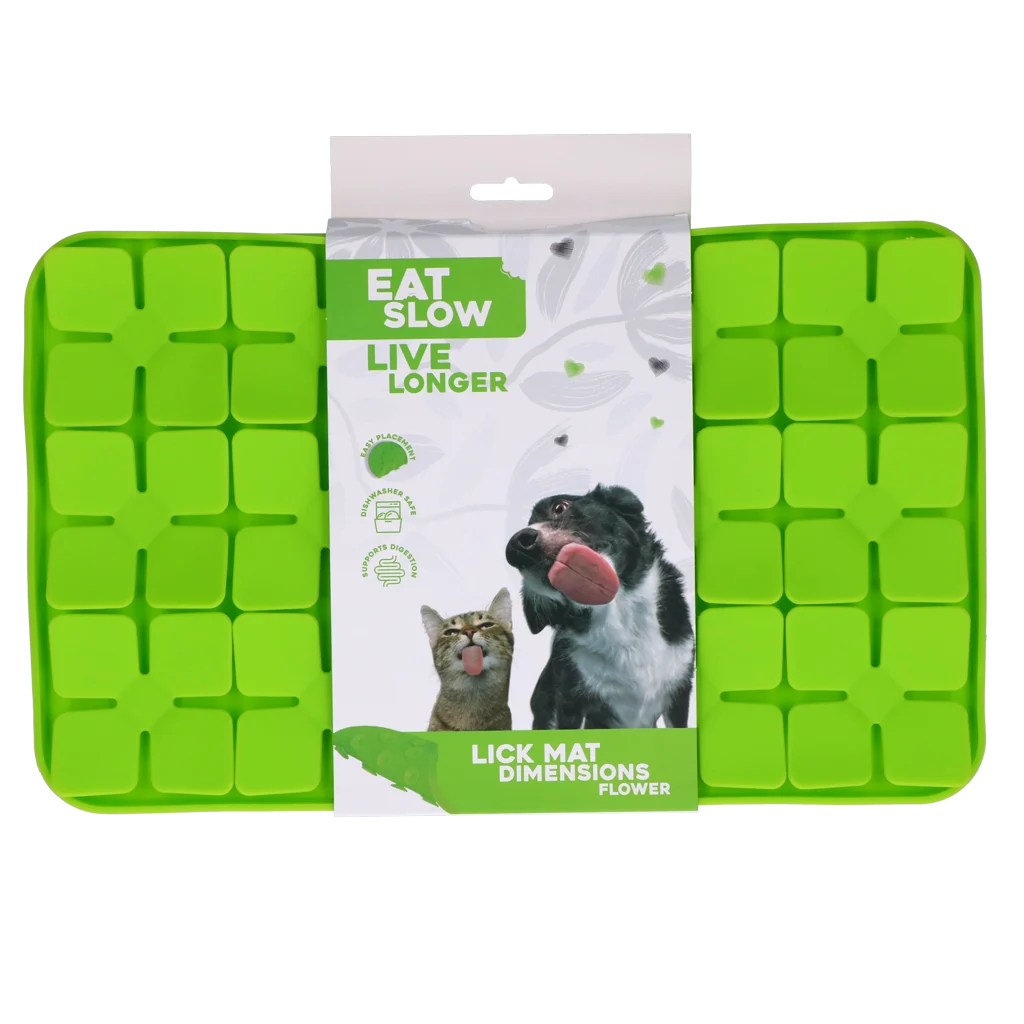 EATS063R.png Schleckmatte für Hunde mit blumenförmigen Laschen und Saugnäpfen, 21 x 34 cm, Grün – Eat Slow Live Longer Lick Mat Dimensions Flower – Bild 1