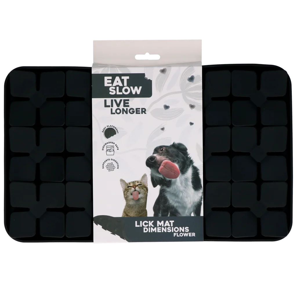 Leckmatte für Hunde mit blütenförmigen Laschen und Saugnäpfen, 21 x 34 cm, Grau – Eat Slow Live Longer Lick Mat Dimensions Flower – Bild 1