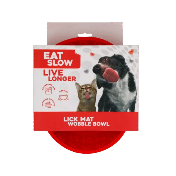 Antischlingnapf für Hunde mit Schleckmatte, Rot, 17 cm – Eat Slow Live Longer Lick Mat Wobble Bowl