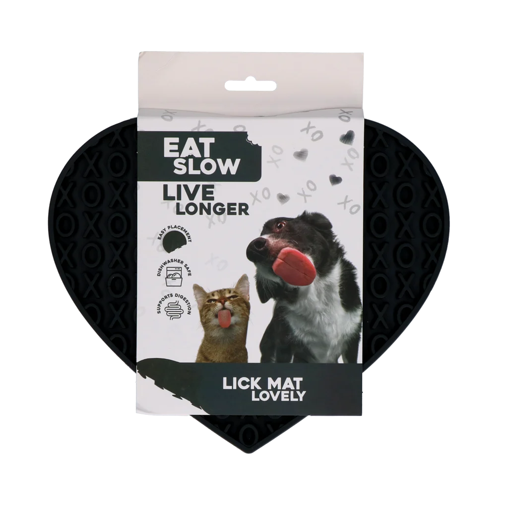 Leckmatte für Hunde in Herzform mit XO Muster, 19 x 23 cm, Grau – Eat Slow Live Longer Lick Mat Lovely Heart – Bild 1