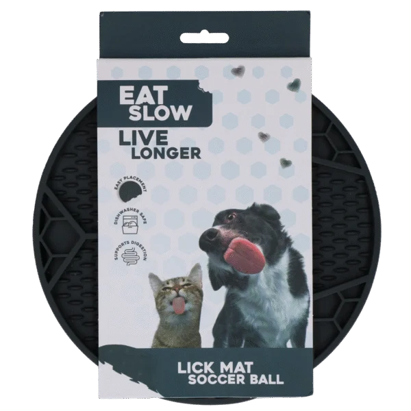Leckmatte für Hunde mit Fußballmuster und Saugnäpfen, Ø 22 cm, Grau – Eat Slow Live Longer Lick Mat Soccer Ball