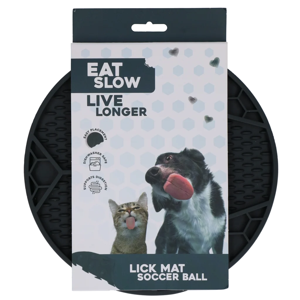 EATS067B.png Leckmatte für Hunde mit Fußballmuster und Saugnäpfen, Ø 22 cm, Grau – Eat Slow Live Longer Lick Mat Soccer Ball – Bild 1