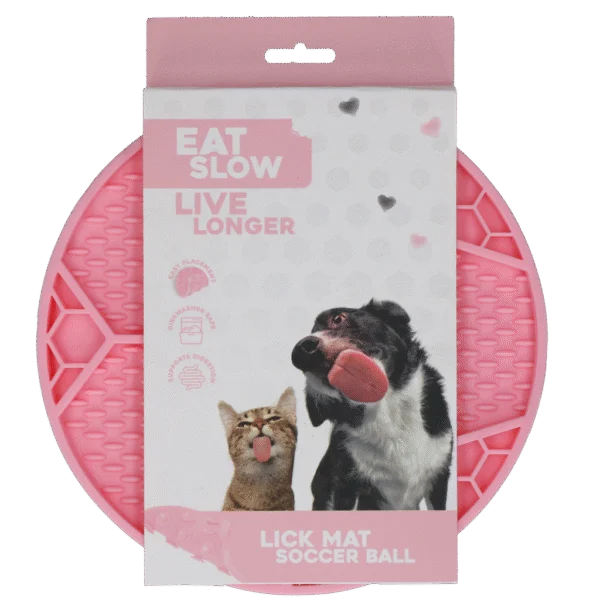 Schleckmatte für Hunde mit Fußballmuster und Saugnäpfen, Ø 22 cm, Rosa – Eat Slow Live Longer Lick Mat Soccer Ball