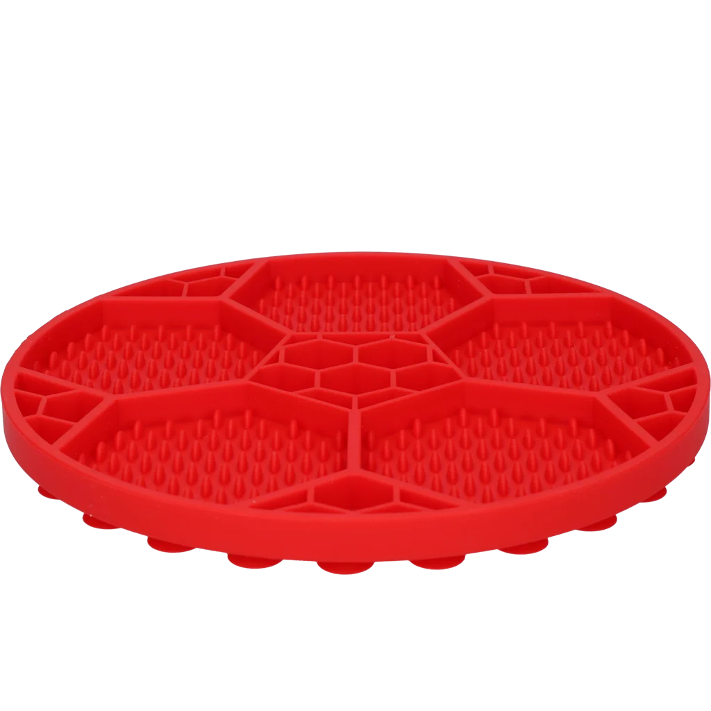 Schleckmatte für Hunde mit Fußballmuster und Saugnäpfen, Ø 22 cm, Rot – Eat Slow Live Longer Lick Mat Soccer Ball – Bild 3