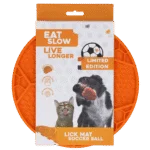Schleckmatte für Hunde mit Fußballmuster und Saugnäpfen, Ø 22 cm, Orange – Eat Slow Live Longer Lick Mat Soccer Ball
