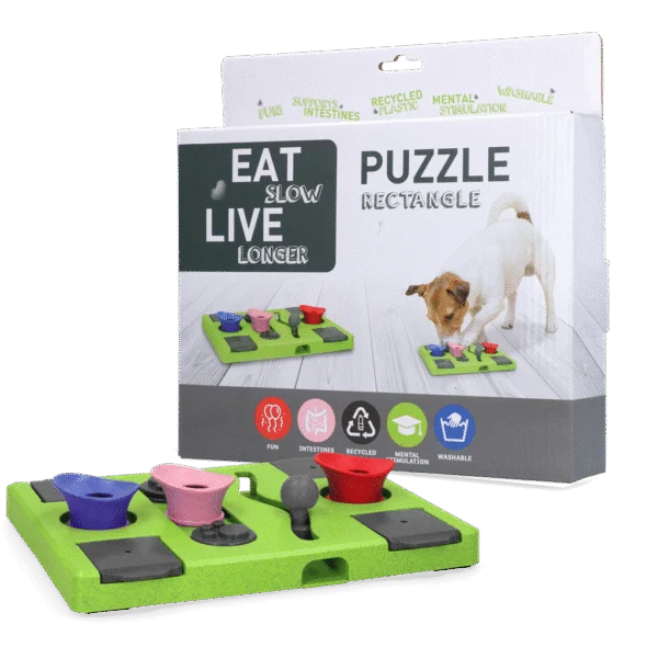 Hunde Puzzle für Trockenfutter und Snacks mit rutschhemmenden Füßen – Eat Slow Live Longer Puzzle Rectangle