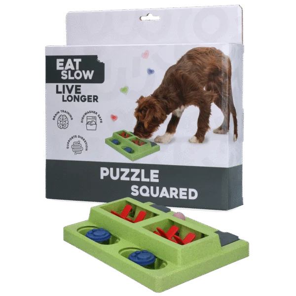 Hundepuzzle für Futter und Snacks mit rutschfesten Füßen – Eat Slow Live Longer Puzzle Squared