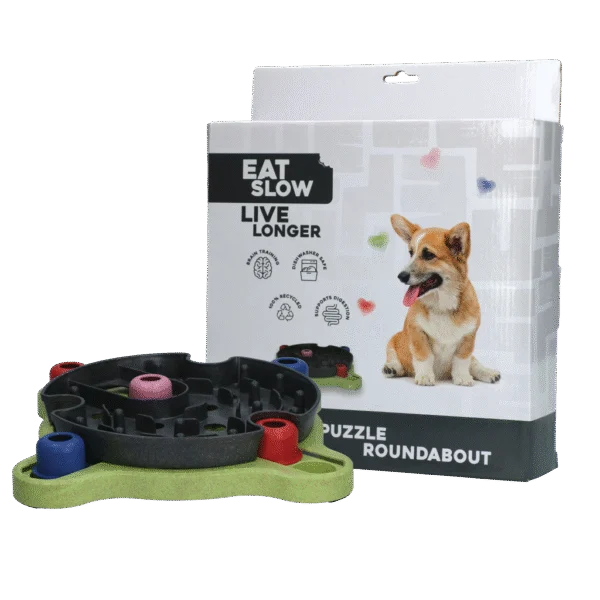Hunde Futterpuzzle für Trockenfutter und Snacks mit Antirutschfüßen – Eat Slow Live Longer Puzzle Roundabout