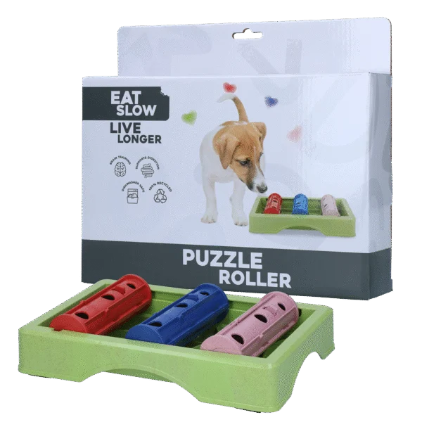 Hundepuzzle für Trockenfutter und Snacks mit rutschhemmenden Füßen – Eat Slow Live Longer Puzzle Roller