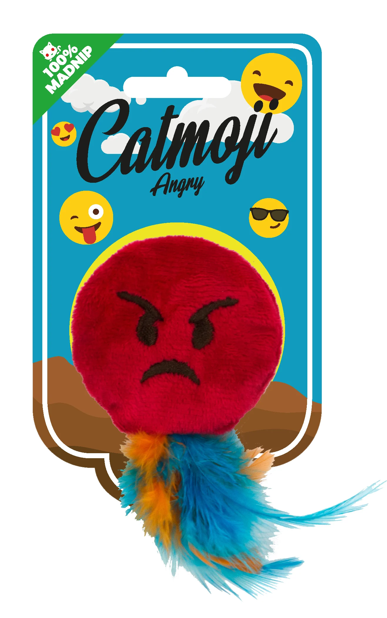 Katzenspielzeug Emoji mit Federn und MADNIP, ø 6 cm – Catmoji Angry – Bild 1