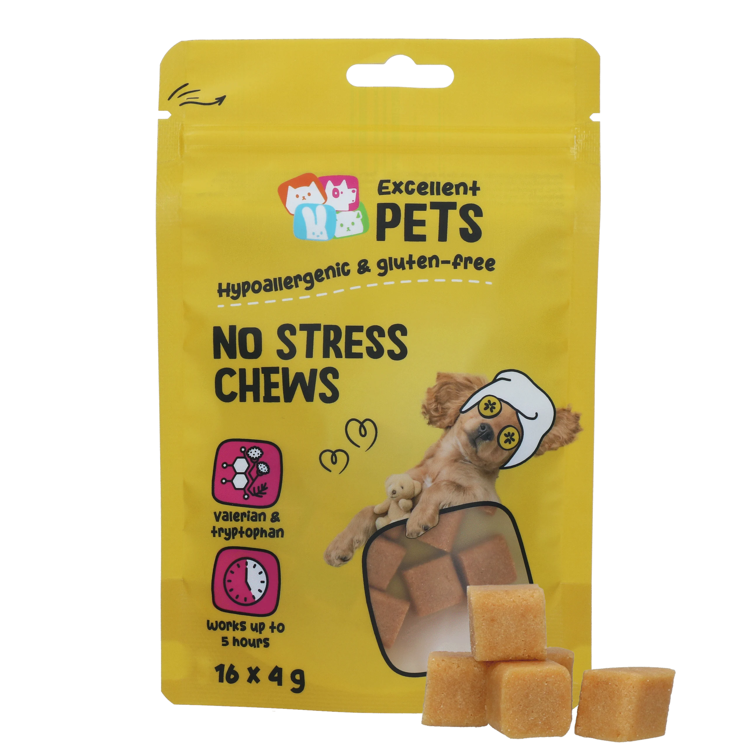 Weiche Kausnacks für Hunde bei Anspannung, 16 x 4 g – Excellent Pets No Stress Soft Chews – Bild 1